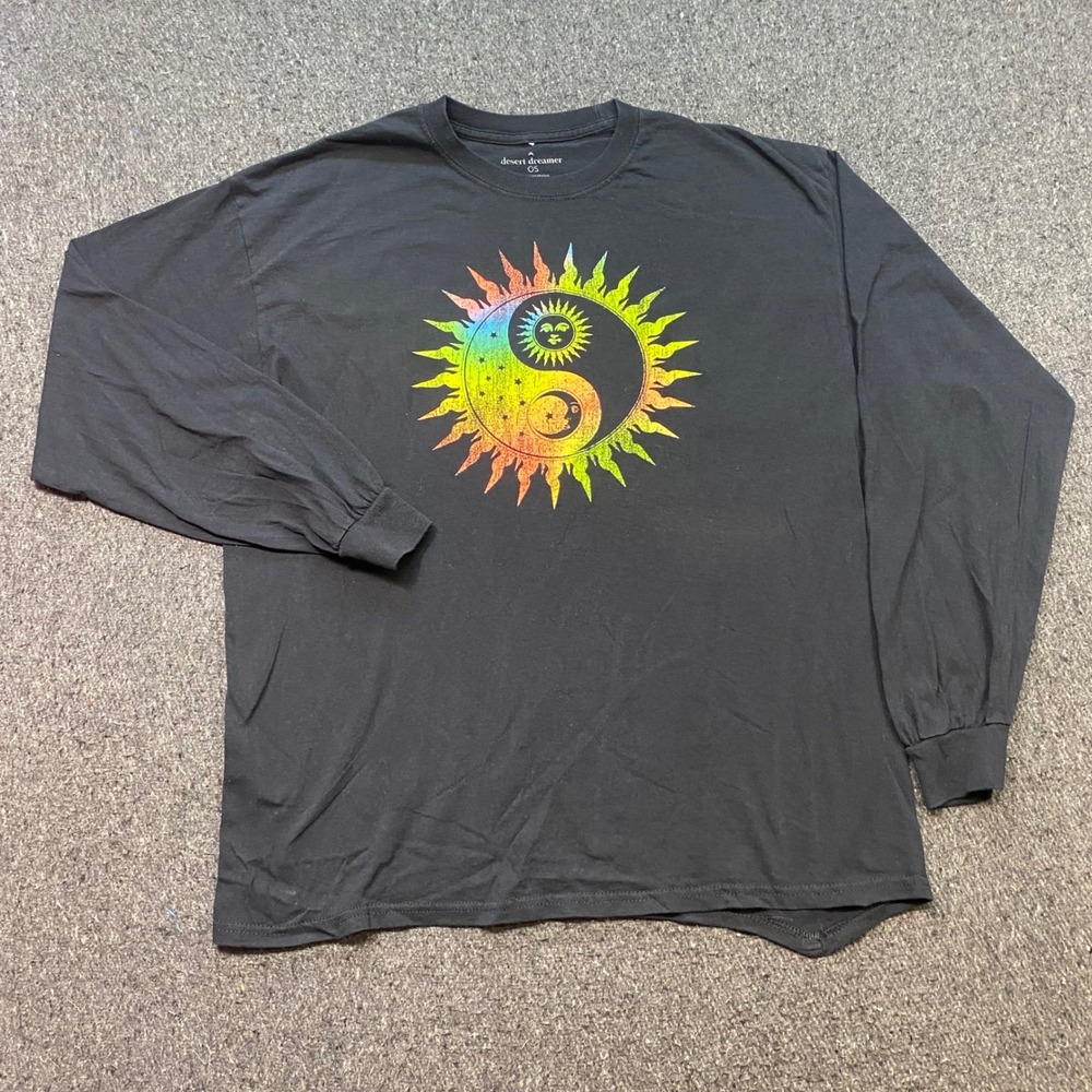 Desert Dreamer TShirt OS Womens Black Boho Rainbow Yin Yang Sun Moon Long Sleeve